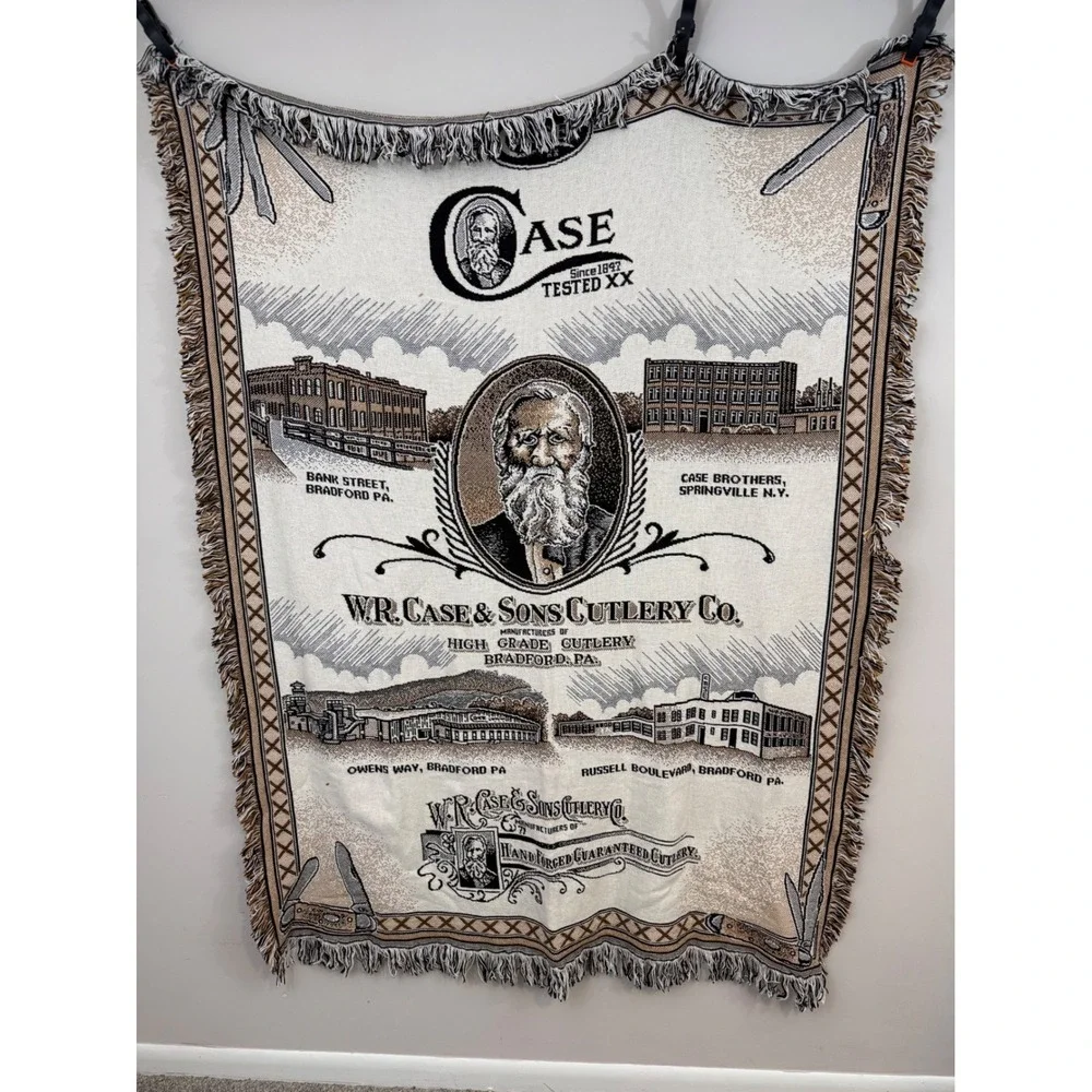 Vintage W.R. Case & Sons Cutlery Co. Woven Tapestry Throw Blanket Souvenir 48x60